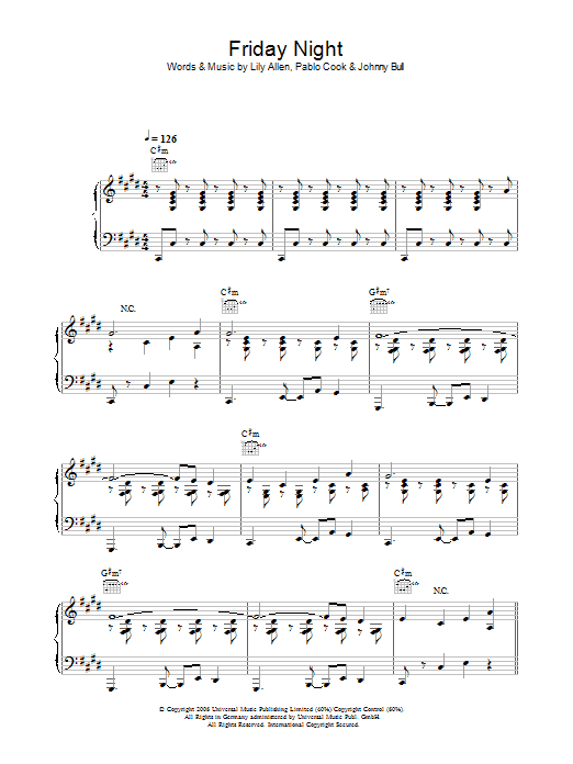 Lily Allen Friday Night Sheet Music Notes & Chords for Piano, Vocal & Guitar (Right-Hand Melody) - Download or Print PDF