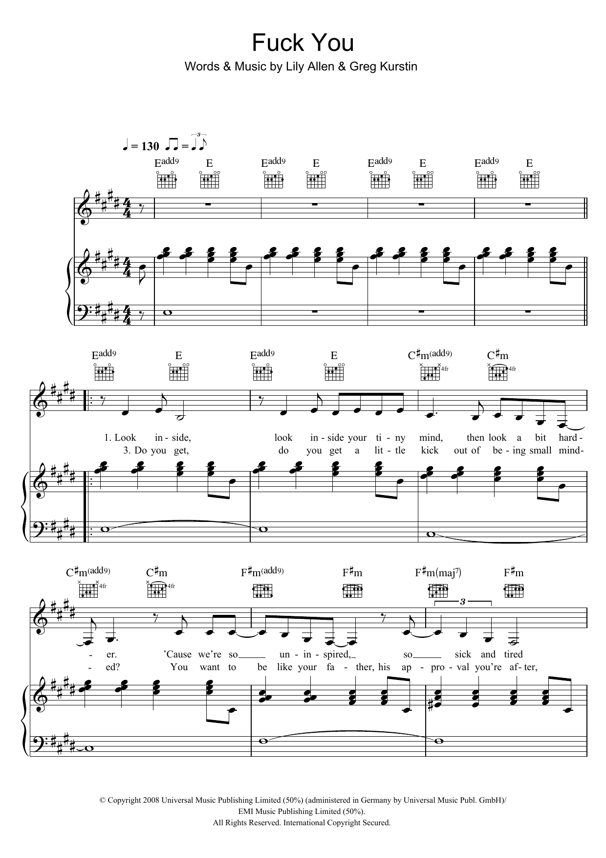 Lily Allen Fuck You Sheet Music Notes & Chords for Piano, Vocal & Guitar - Download or Print PDF
