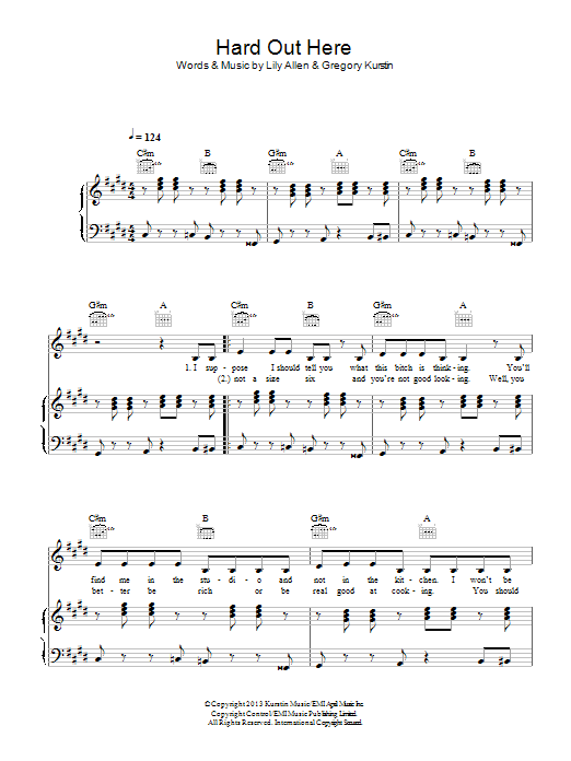Lily Allen Hard Out Here Sheet Music Notes & Chords for Piano, Vocal & Guitar (Right-Hand Melody) - Download or Print PDF