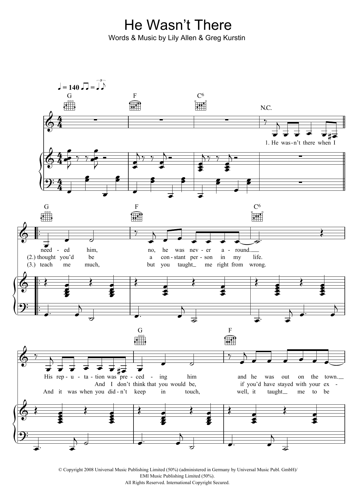 Lily Allen He Wasn't There Sheet Music Notes & Chords for Piano, Vocal & Guitar - Download or Print PDF