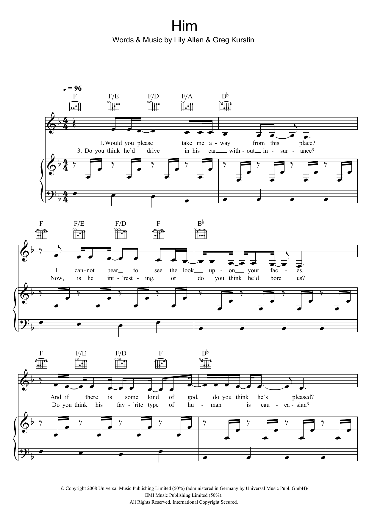 Lily Allen Him Sheet Music Notes & Chords for Piano, Vocal & Guitar - Download or Print PDF