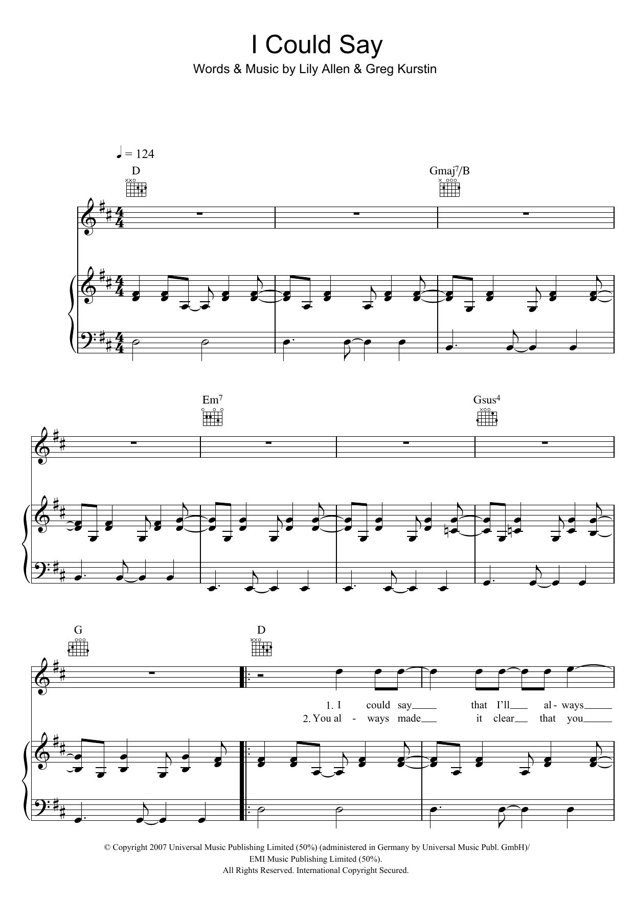 Lily Allen I Could Say Sheet Music Notes & Chords for Piano, Vocal & Guitar - Download or Print PDF