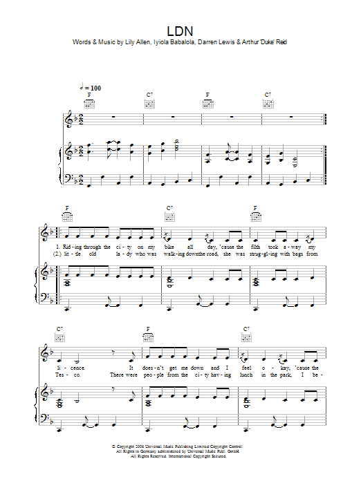 Lily Allen LDN Sheet Music Notes & Chords for Piano, Vocal & Guitar (Right-Hand Melody) - Download or Print PDF