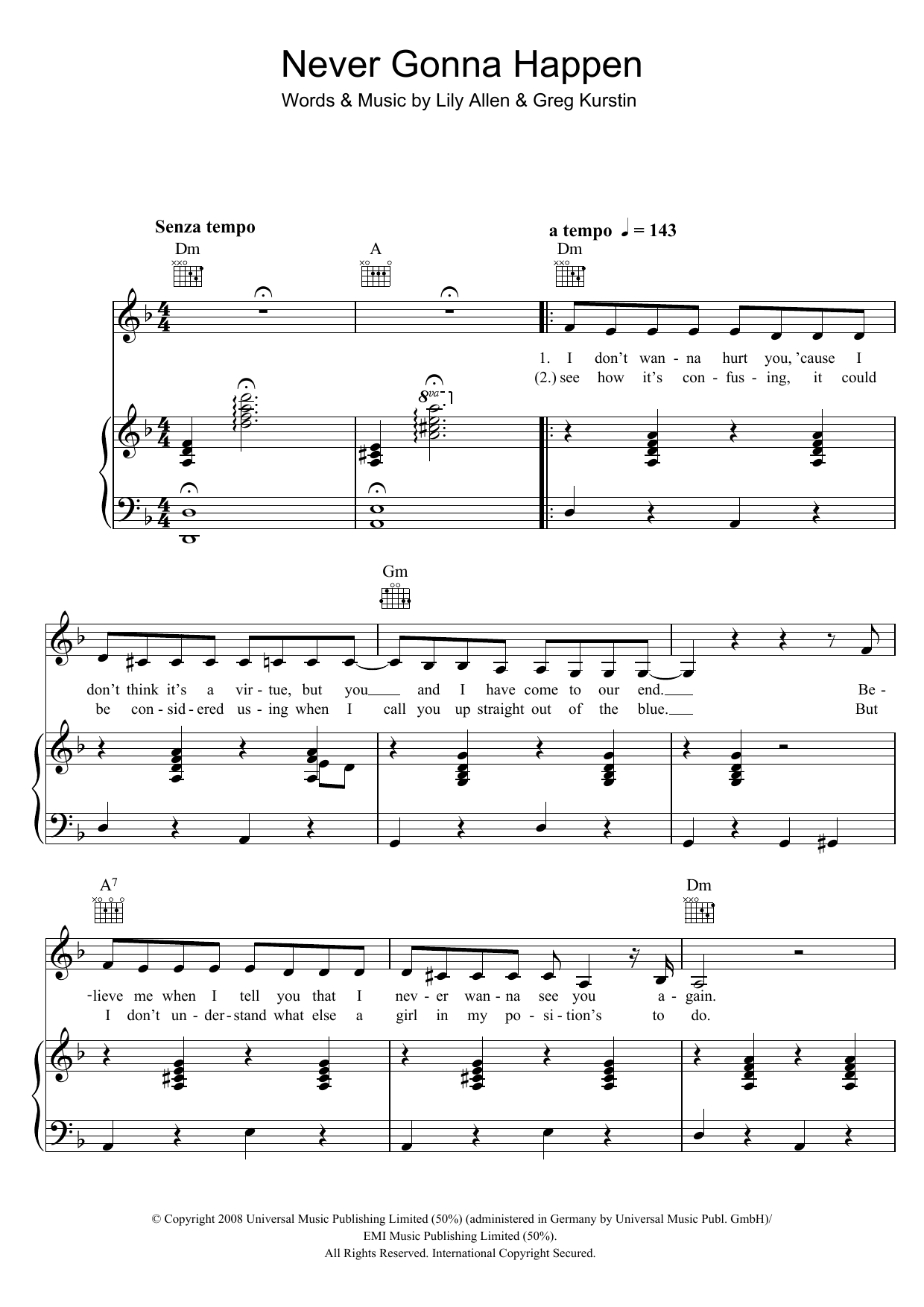 Lily Allen Never Gonna Happen Sheet Music Notes & Chords for Piano, Vocal & Guitar - Download or Print PDF