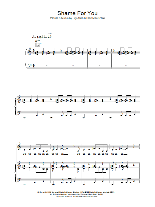 Lily Allen Shame For You Sheet Music Notes & Chords for Piano, Vocal & Guitar (Right-Hand Melody) - Download or Print PDF