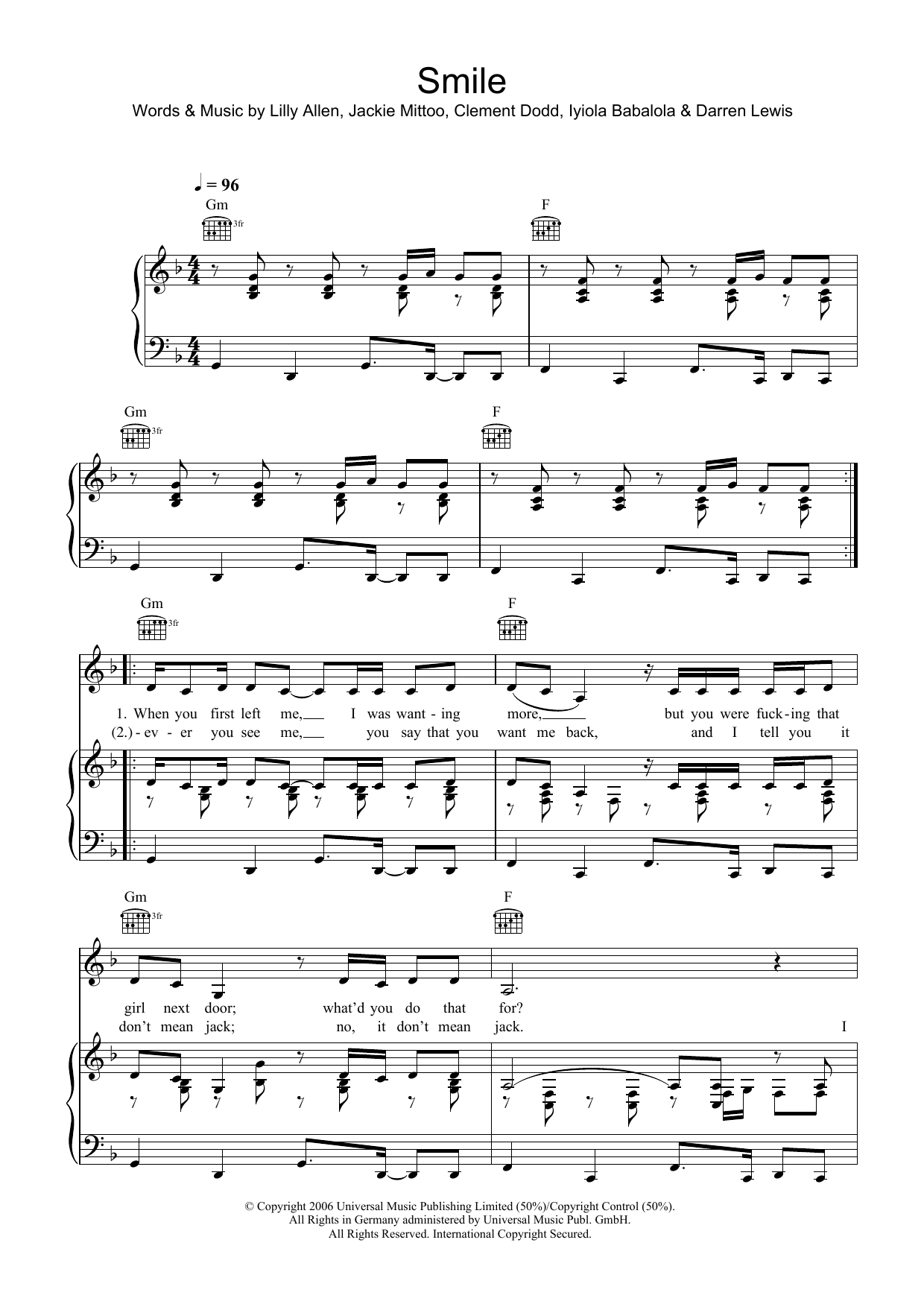 Lily Allen Smile Sheet Music Notes & Chords for Lyrics & Piano Chords - Download or Print PDF