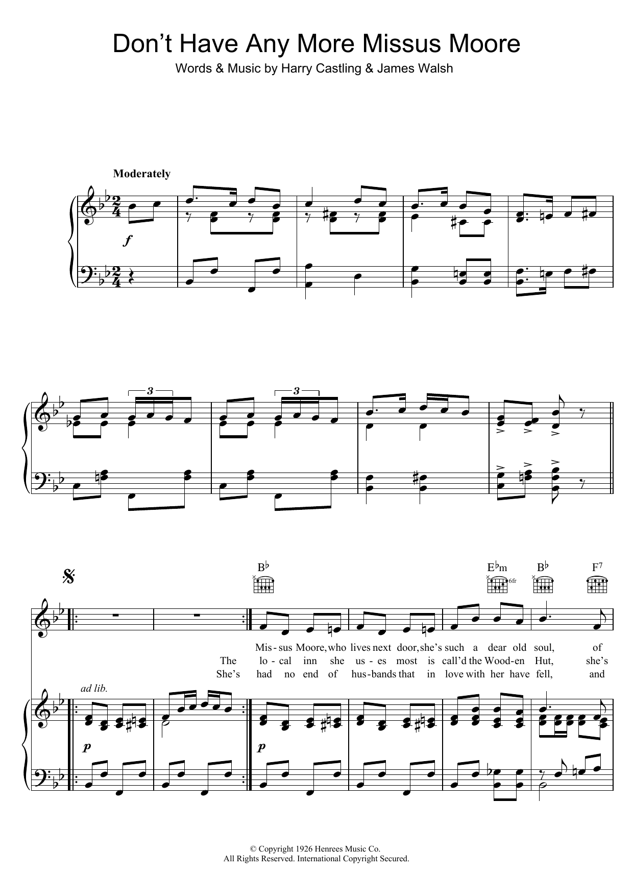 Lily Morris Don't Have Any More Missus Moore Sheet Music Notes & Chords for Piano, Vocal & Guitar (Right-Hand Melody) - Download or Print PDF