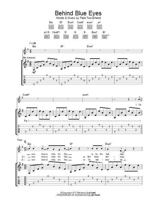 Limp Bizkit Behind Blue Eyes Sheet Music Notes & Chords for Melody Line, Lyrics & Chords - Download or Print PDF