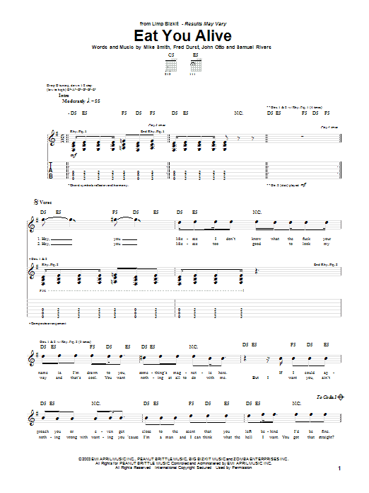 Limp Bizkit Eat You Alive Sheet Music Notes & Chords for Guitar Tab - Download or Print PDF
