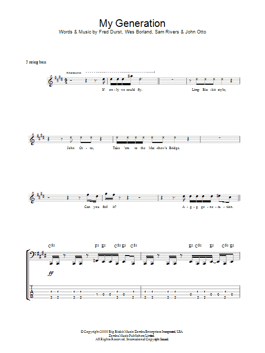 Limp Bizkit My Generation Sheet Music Notes & Chords for Bass Guitar Tab - Download or Print PDF