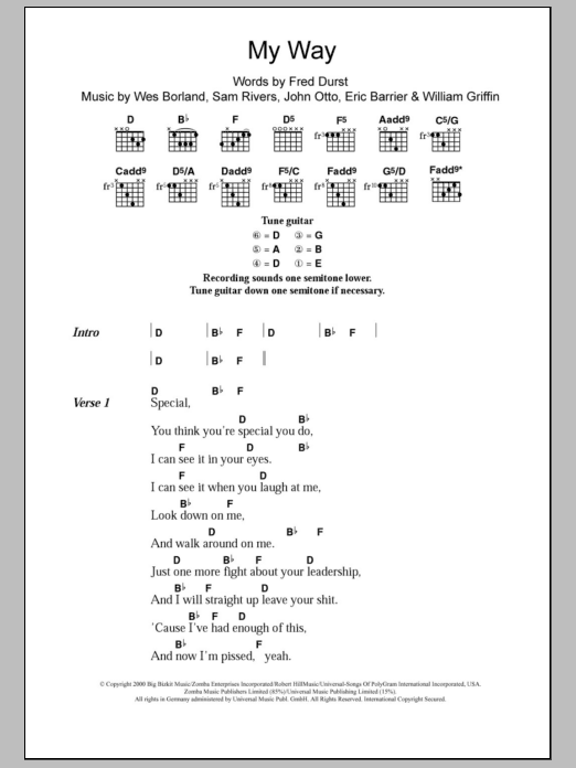 Limp Bizkit My Way Sheet Music Notes & Chords for Lyrics & Chords - Download or Print PDF