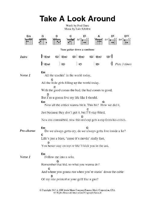 Limp Bizkit Take A Look Around (theme from Mission Impossible 2 ) Sheet Music Notes & Chords for Lyrics & Chords - Download or Print PDF