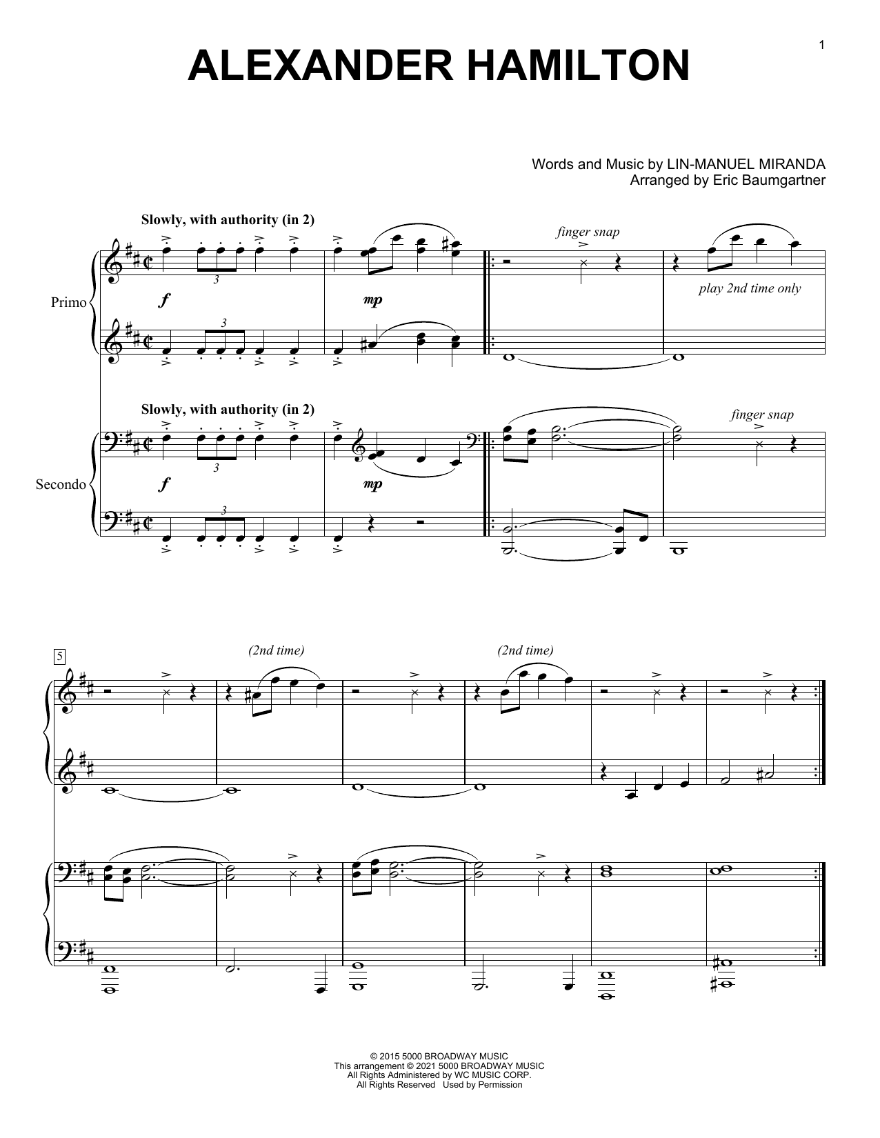 Lin-Manuel Miranda Alexander Hamilton (from Hamilton) (arr. Eric Baumgartner) Sheet Music Notes & Chords for Piano Duet - Download or Print PDF
