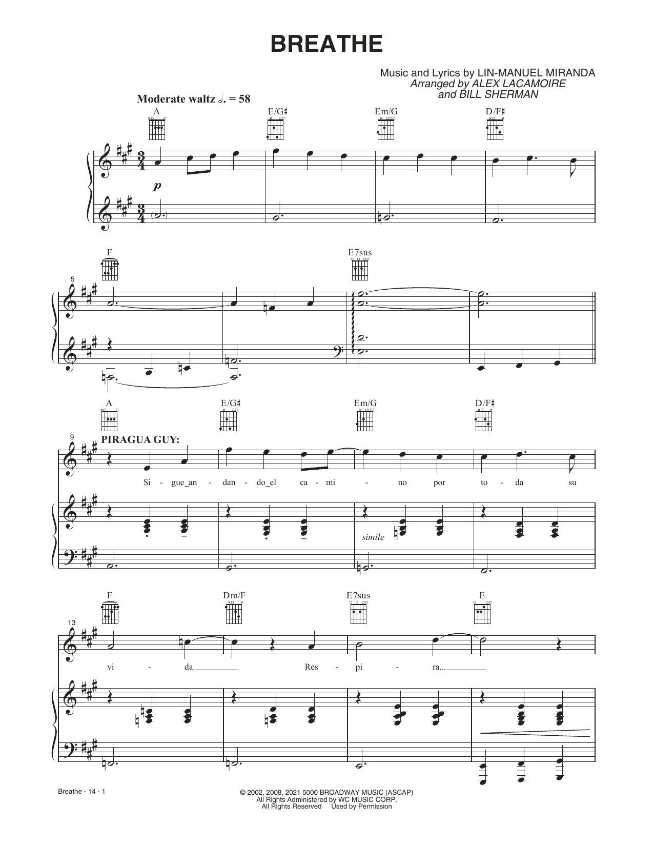 Lin-Manuel Miranda Breathe (from the Motion Picture In The Heights) Sheet Music Notes & Chords for Piano, Vocal & Guitar - Download or Print PDF