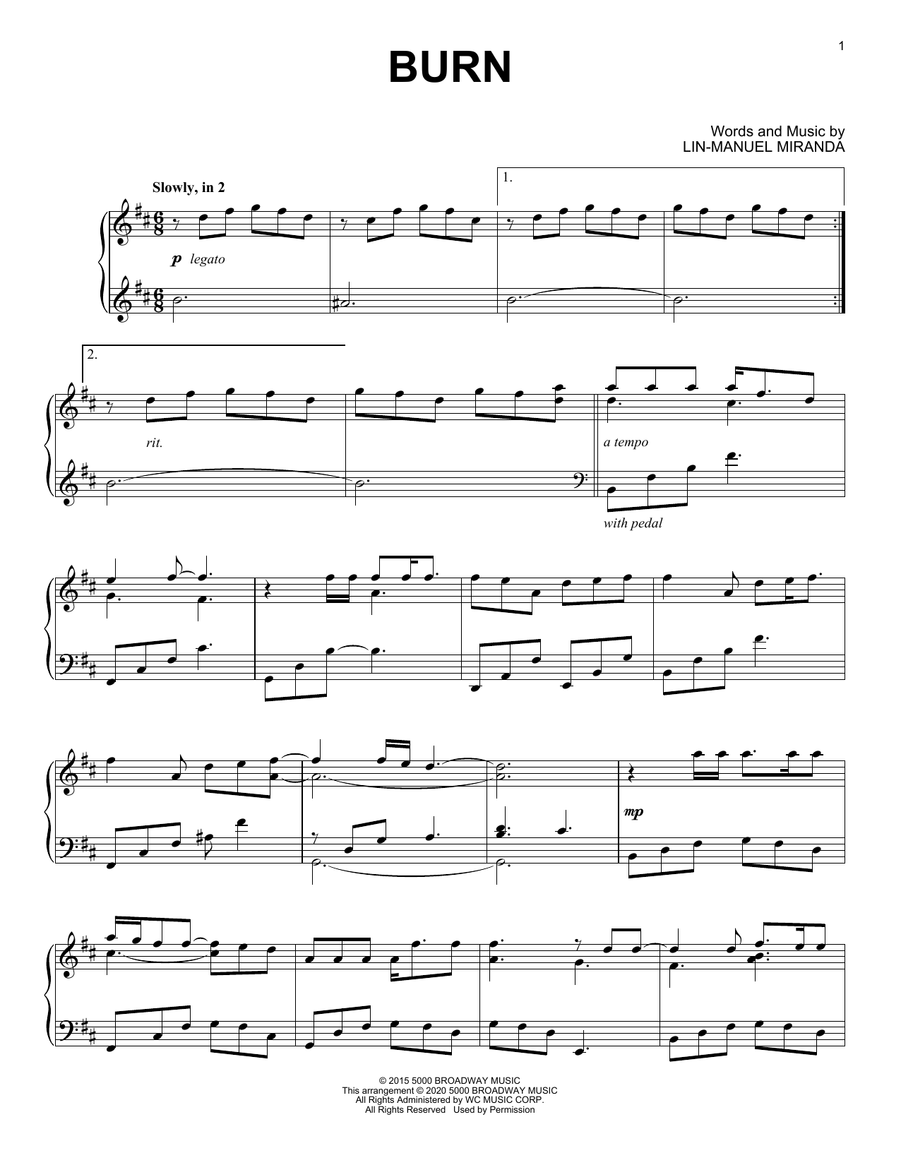 Lin-Manuel Miranda Burn (from Hamilton) (arr. David Pearl) Sheet Music Notes & Chords for Piano Solo - Download or Print PDF
