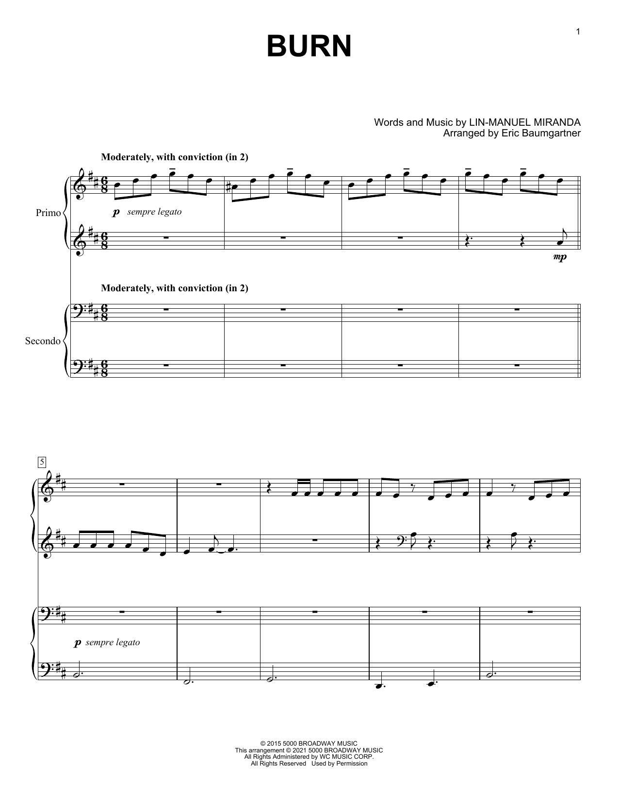 Lin-Manuel Miranda Burn (from Hamilton) (arr. Eric Baumgartner) Sheet Music Notes & Chords for Piano Duet - Download or Print PDF
