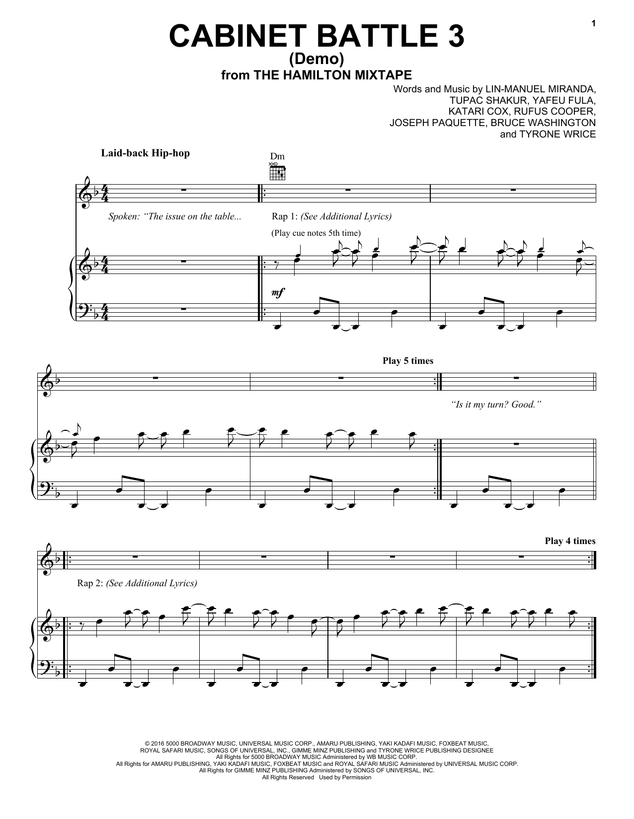 Lin-Manuel Miranda Cabinet Battle 3 (Demo) Sheet Music Notes & Chords for Piano, Vocal & Guitar (Right-Hand Melody) - Download or Print PDF