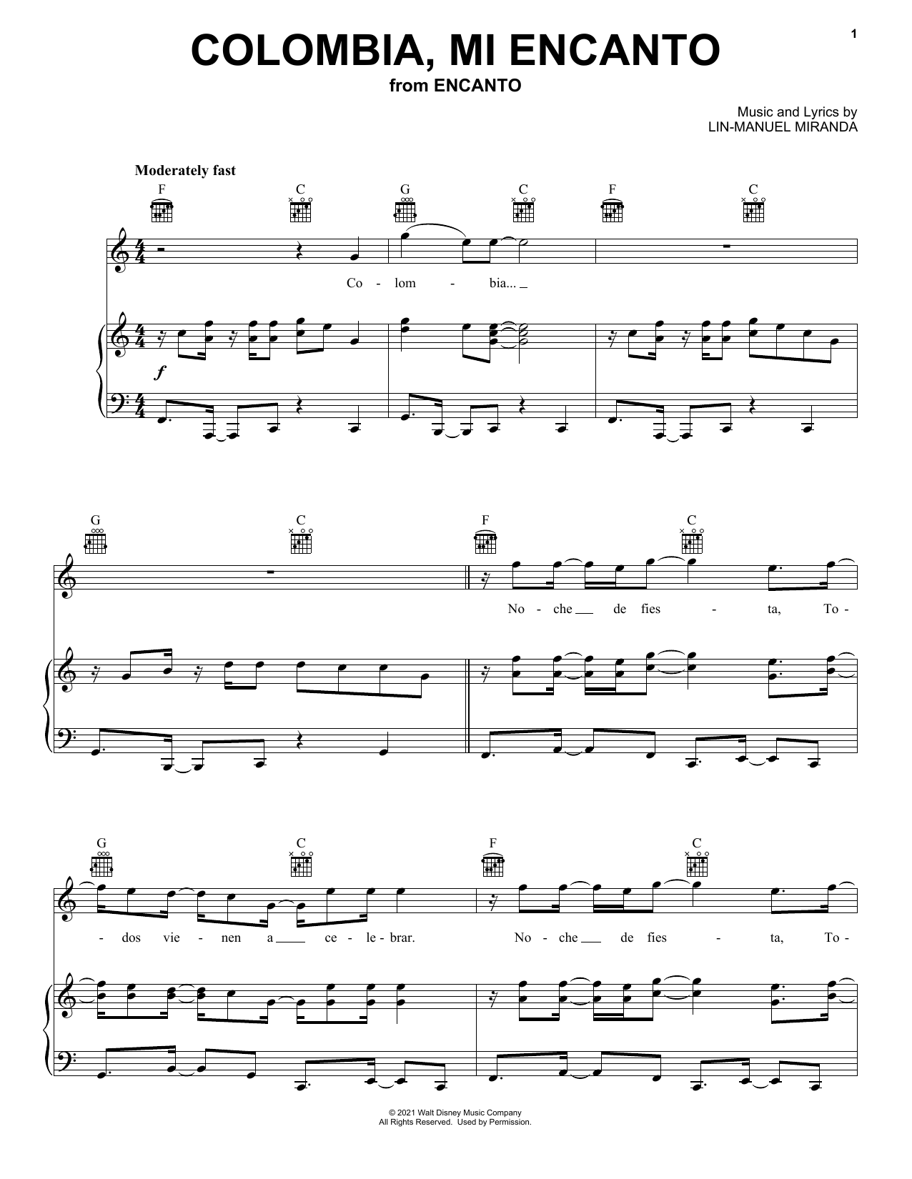 Lin-Manuel Miranda Colombia, Mi Encanto (from Encanto) Sheet Music Notes & Chords for Big Note Piano - Download or Print PDF
