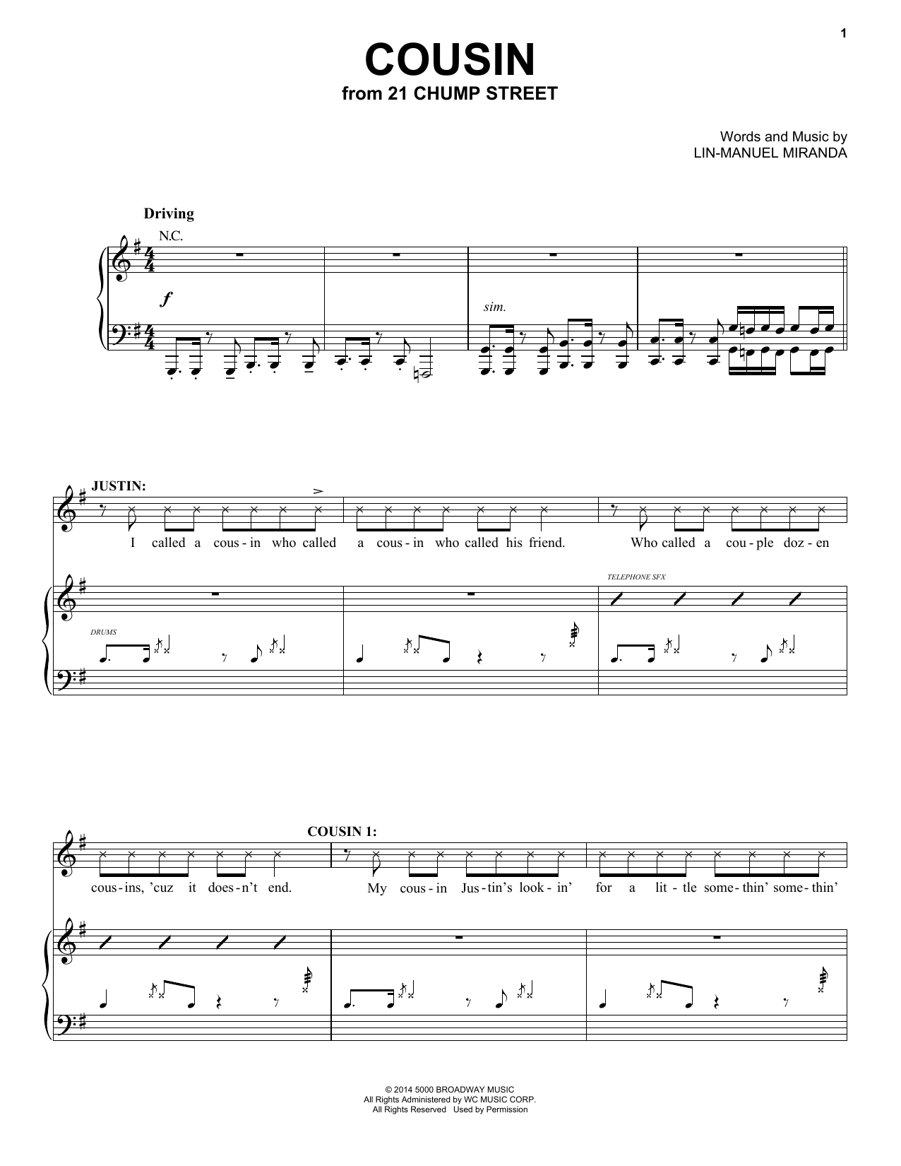 Lin-Manuel Miranda Cousin (from 21 Chump Street) Sheet Music Notes & Chords for Piano & Vocal - Download or Print PDF