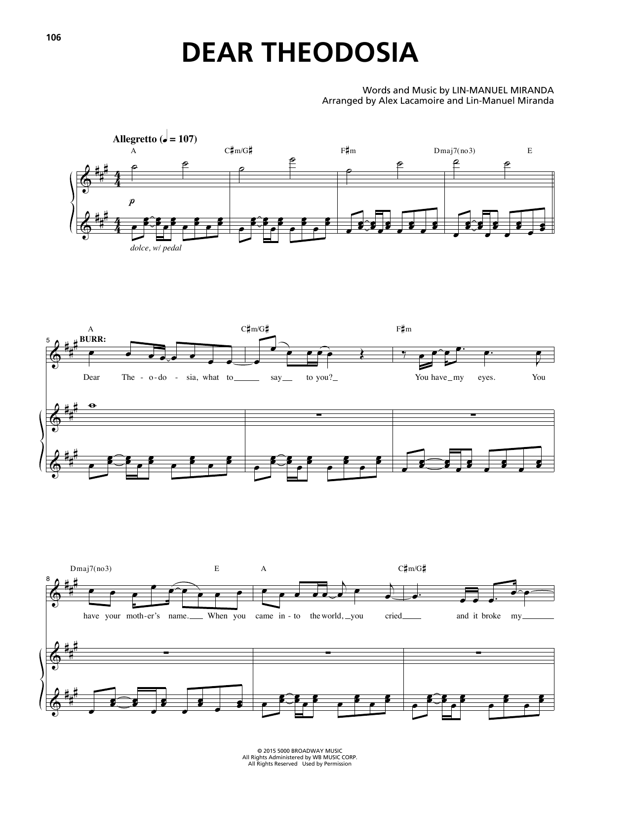 Lin-Manuel Miranda Dear Theodosia (from Hamilton) Sheet Music Notes & Chords for Big Note Piano - Download or Print PDF