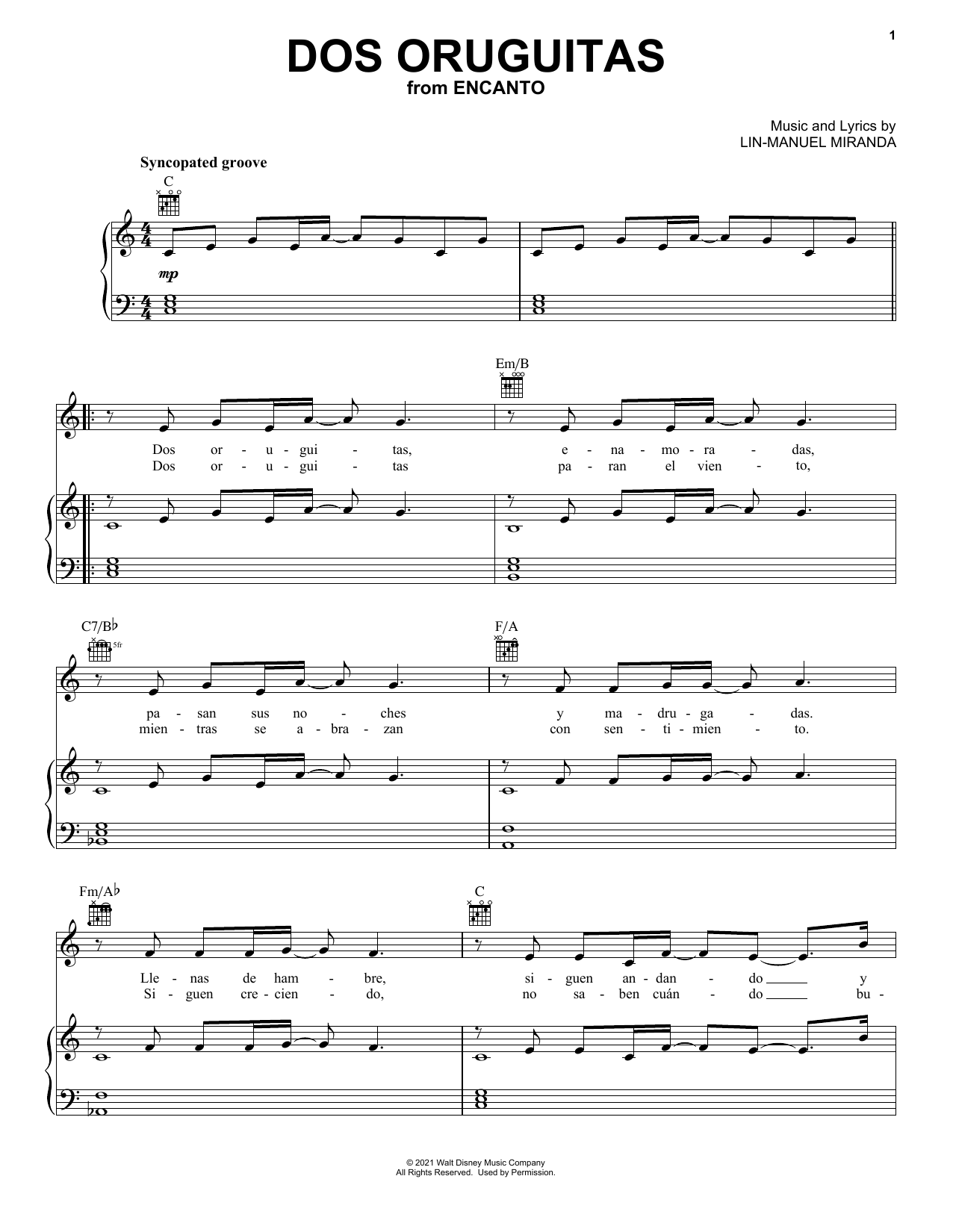 Lin-Manuel Miranda Dos Oruguitas (from Encanto) Sheet Music Notes & Chords for Big Note Piano - Download or Print PDF