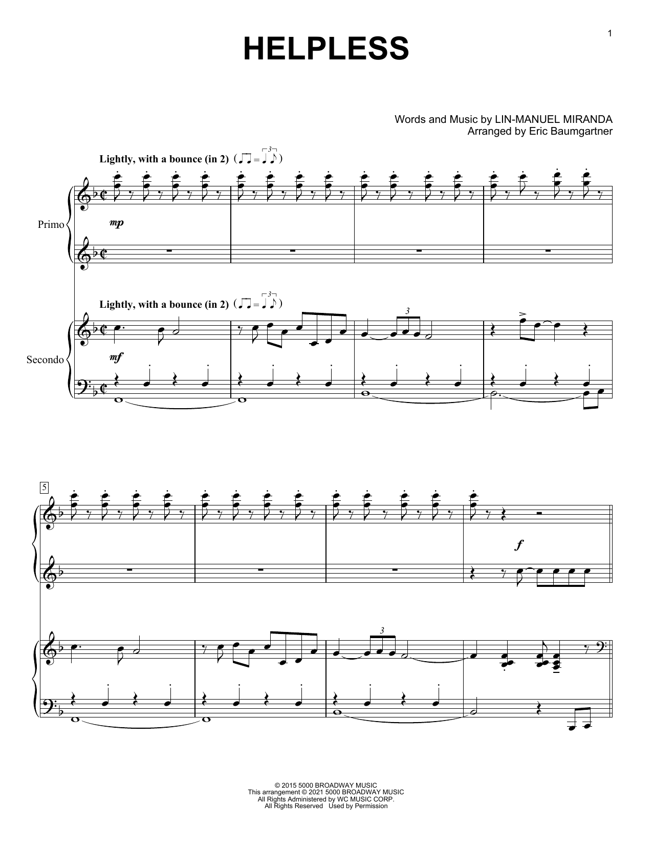 Lin-Manuel Miranda Helpless (from Hamilton) (arr. Eric Baumgartner) Sheet Music Notes & Chords for Piano Duet - Download or Print PDF