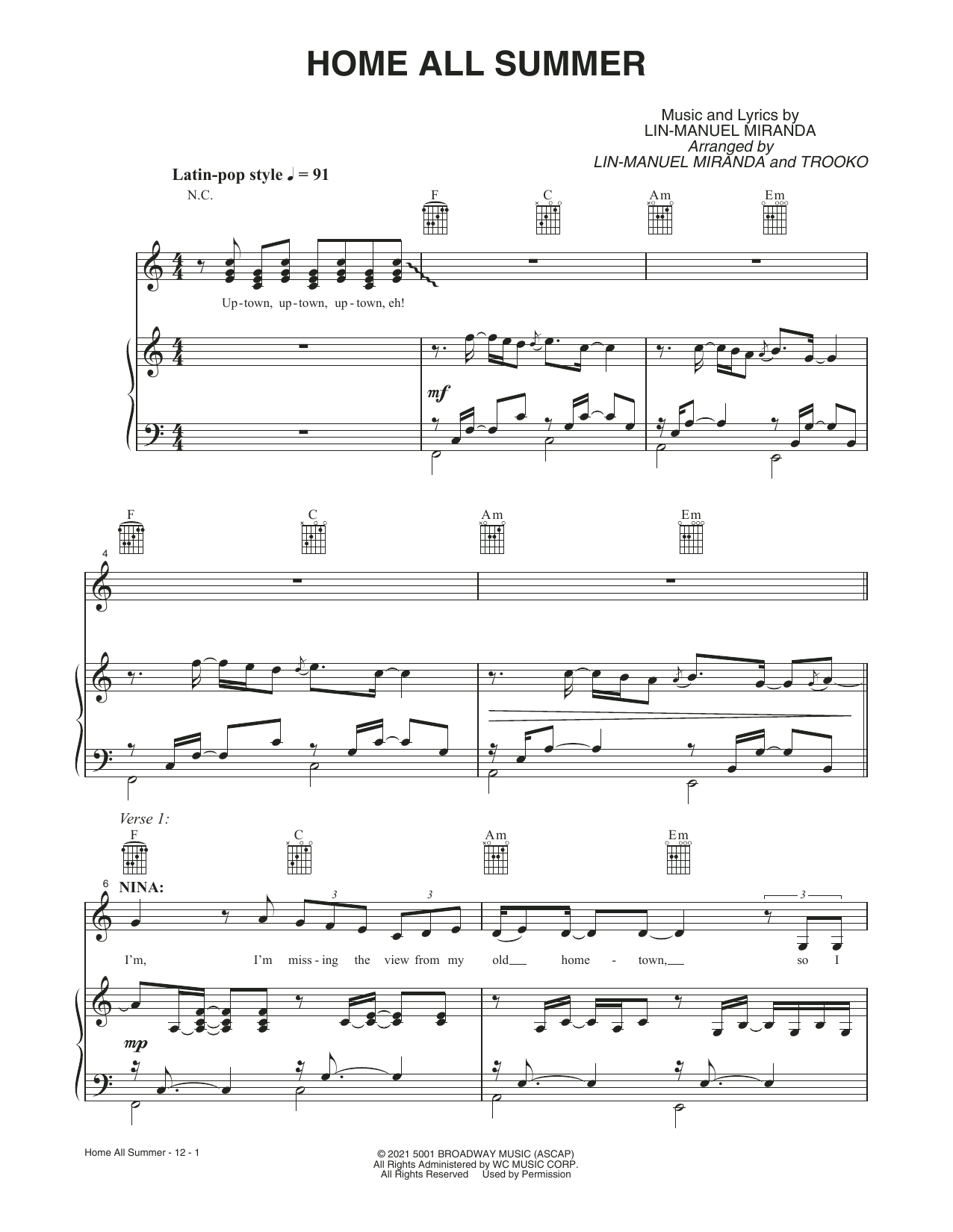 Lin-Manuel Miranda Home All Summer (from the Motion Picture In The Heights) Sheet Music Notes & Chords for Piano, Vocal & Guitar - Download or Print PDF