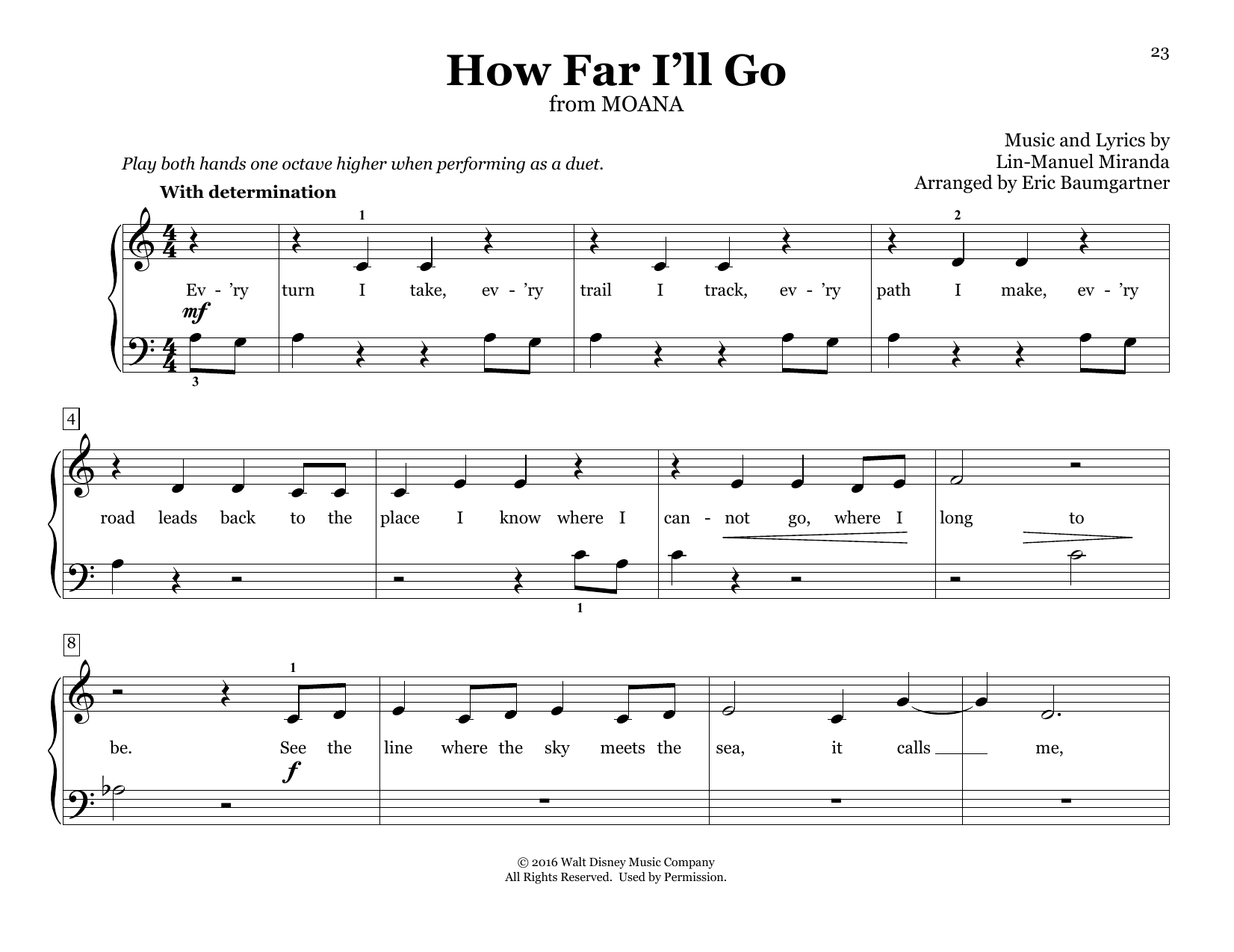 Lin-Manuel Miranda How Far I'll Go (from Moana) (arr. Eric Baumgartner) Sheet Music Notes & Chords for Piano Duet - Download or Print PDF
