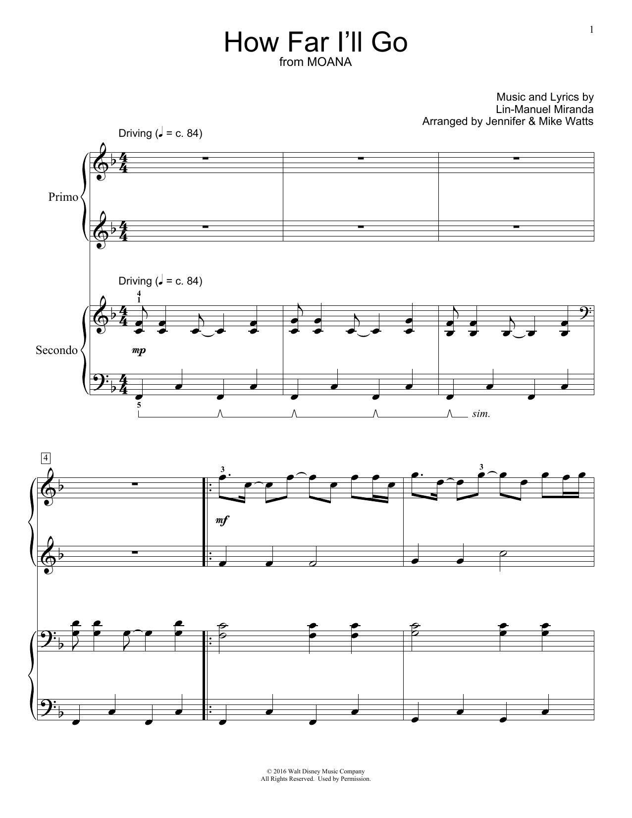 Jennifer and Mike Watts How Far I'll Go (from Moana) Sheet Music Notes & Chords for Piano Duet - Download or Print PDF