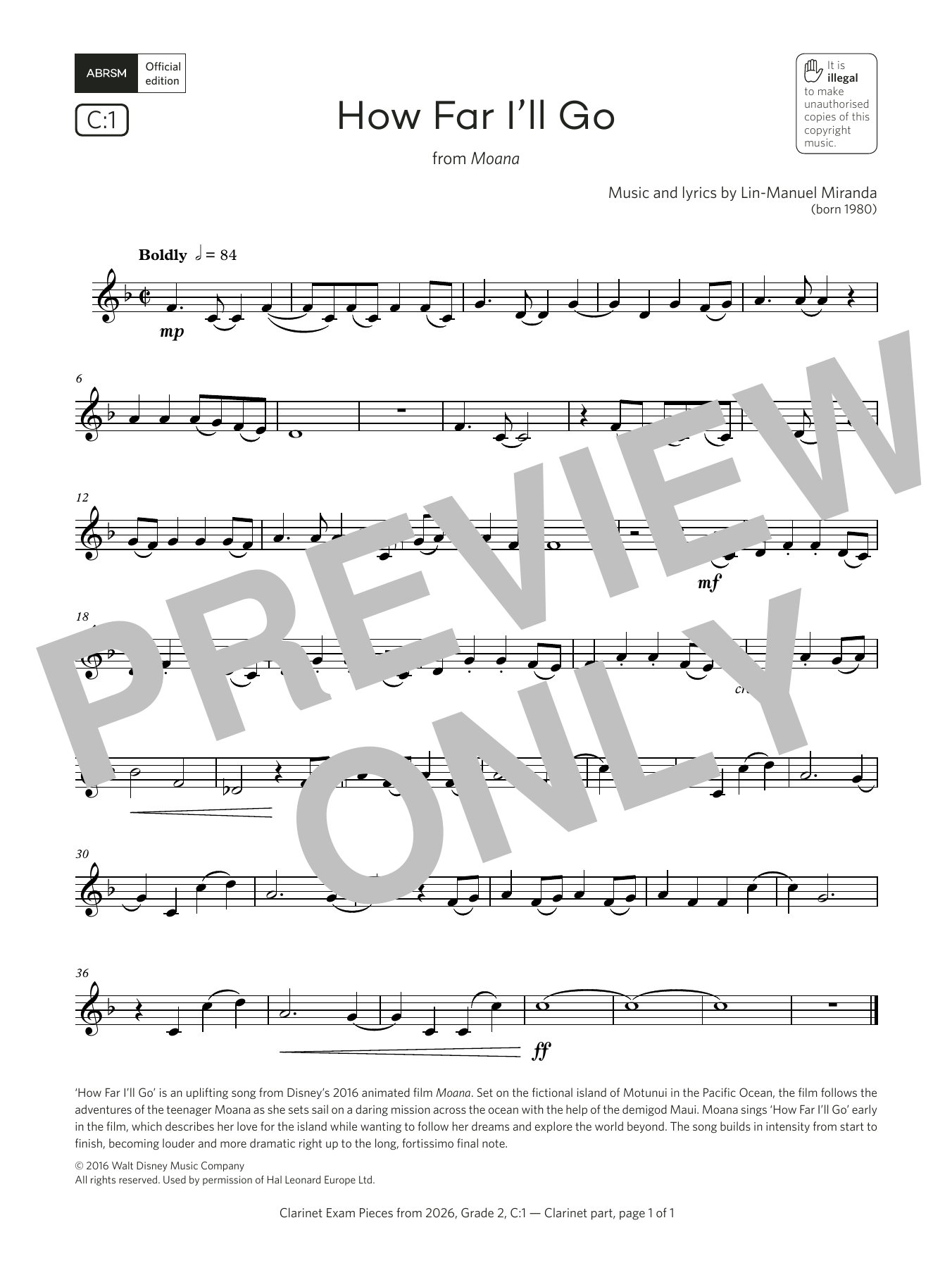 Lin-Manuel Miranda How Far I'll Go (Grade 2, list C1, from the ABRSM Clarinet Syllabus from 2026) Sheet Music Notes & Chords for Clarinet Solo - Download or Print PDF Lin-Manuel Miranda How Far I'll Go (Grade 2, list C1, from the ABRSM Clarinet Syllabus from 2026) Sheet Music Notes & Chords for Clarinet Solo - Download or Print PDF