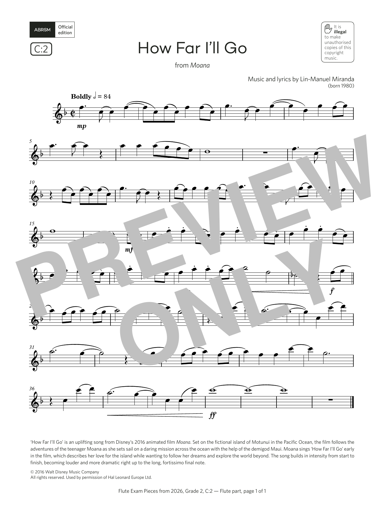 Lin-Manuel Miranda How Far I'll Go (Grade 2, list C2, from the ABRSM Flute Syllabus from 2026) Sheet Music Notes & Chords for Flute Solo - Download or Print PDF Lin-Manuel Miranda How Far I'll Go (Grade 2, list C2, from the ABRSM Flute Syllabus from 2026) Sheet Music Notes & Chords for Flute Solo - Download or Print PDF