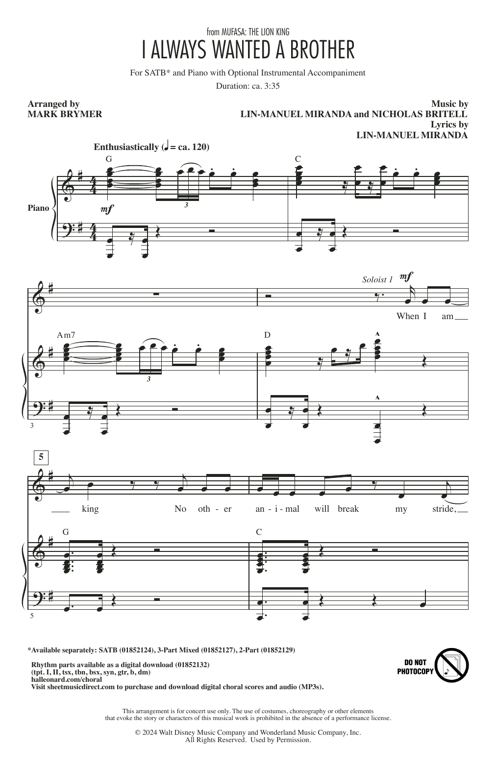 Lin-Manuel Miranda I Always Wanted A Brother (from Mufasa) (arr. Mark Brymer) Sheet Music Notes & Chords for 2-Part Choir - Download or Print PDF Lin-Manuel Miranda I Always Wanted A Brother (from Mufasa) (arr. Mark Brymer) Sheet Music Notes & Chords for 2-Part Choir - Download or Print PDF