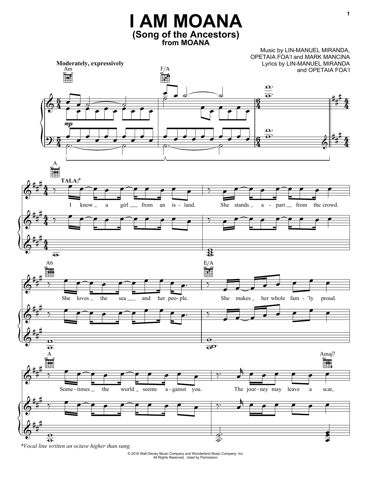 Lin-Manuel Miranda I Am Moana (Song Of The Ancestors) (from Moana) Sheet Music Notes & Chords for Big Note Piano - Download or Print PDF