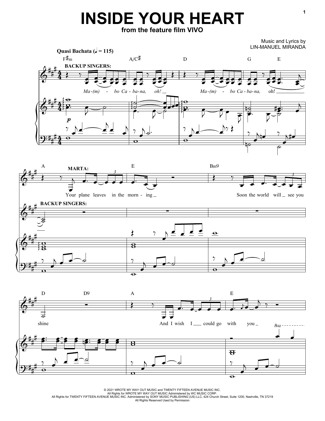 Lin-Manuel Miranda Inside Your Heart (from Vivo) Sheet Music Notes & Chords for Piano & Vocal - Download or Print PDF