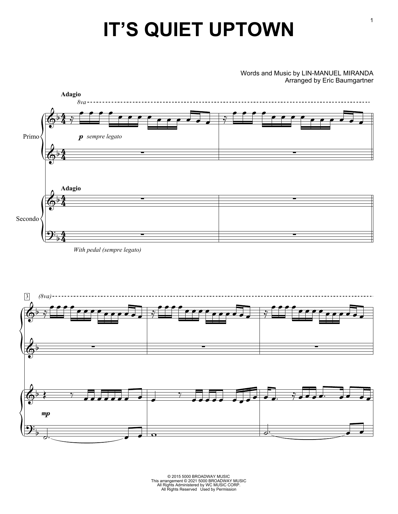 Lin-Manuel Miranda It's Quiet Uptown (from Hamilton) (arr. Eric Baumgartner) Sheet Music Notes & Chords for Piano Duet - Download or Print PDF