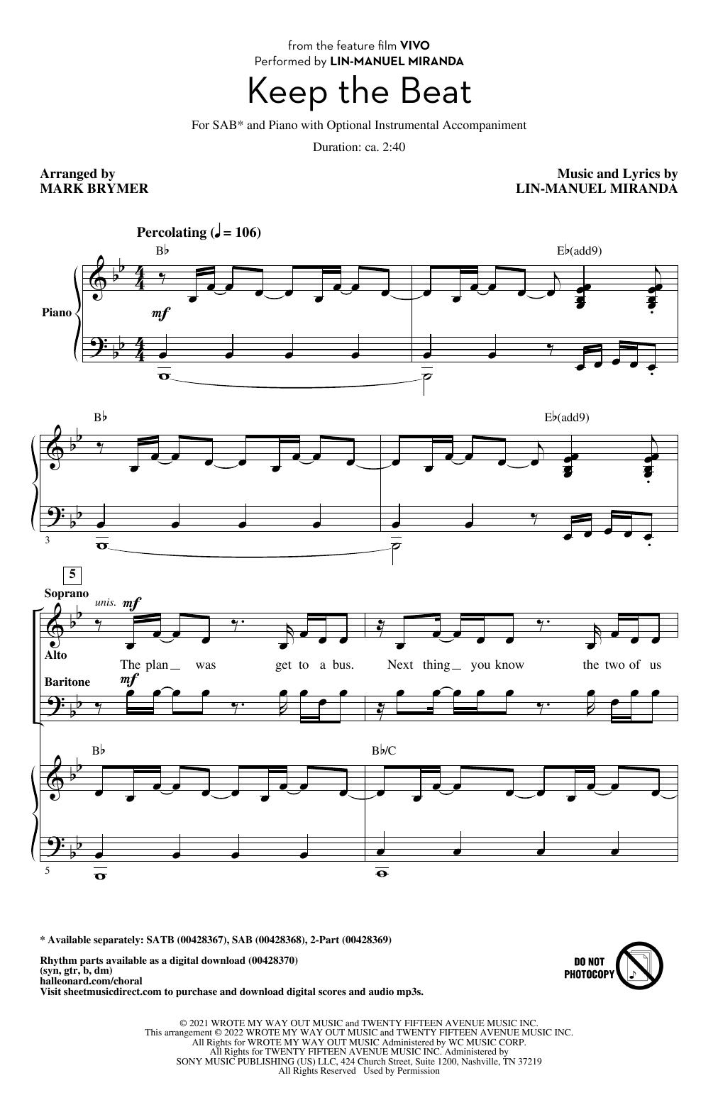Lin-Manuel Miranda Keep The Beat (from Vivo) (arr. Mark Brymer) Sheet Music Notes & Chords for SATB Choir - Download or Print PDF