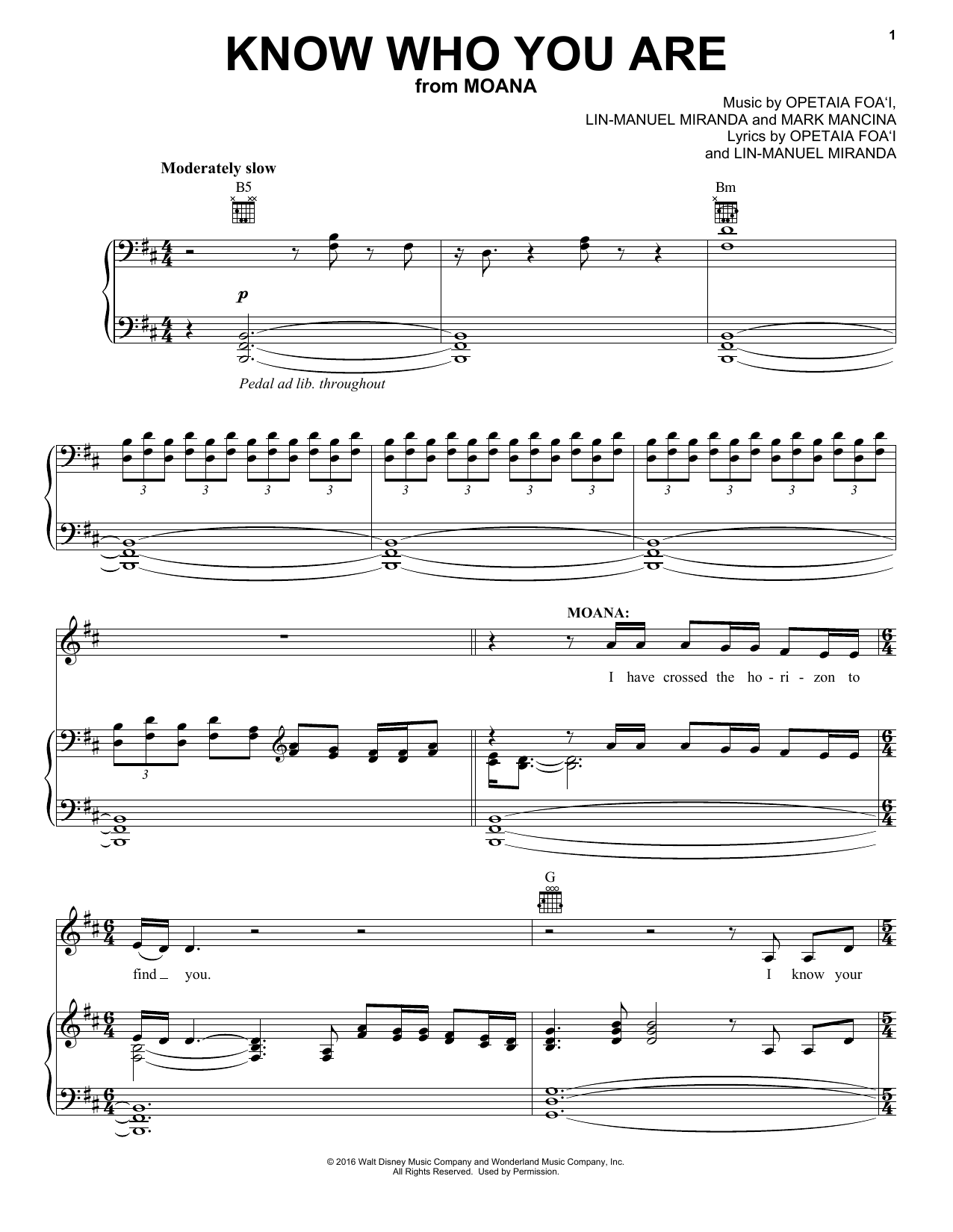 Lin-Manuel Miranda Know Who You Are (from Moana) Sheet Music Notes & Chords for Piano, Vocal & Guitar (Right-Hand Melody) - Download or Print PDF