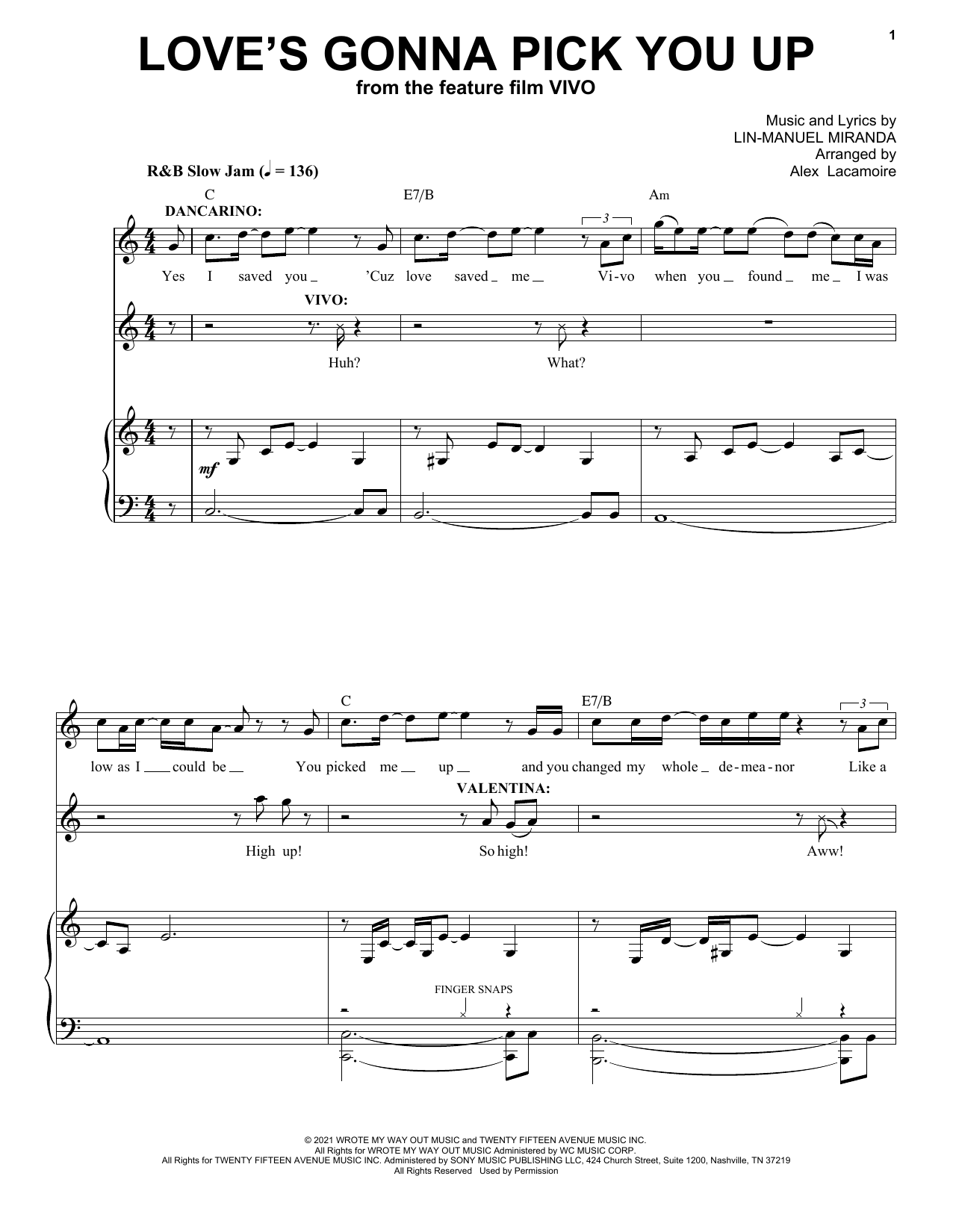 Lin-Manuel Miranda Love's Gonna Pick You Up (from Vivo) Sheet Music Notes & Chords for Piano & Vocal - Download or Print PDF