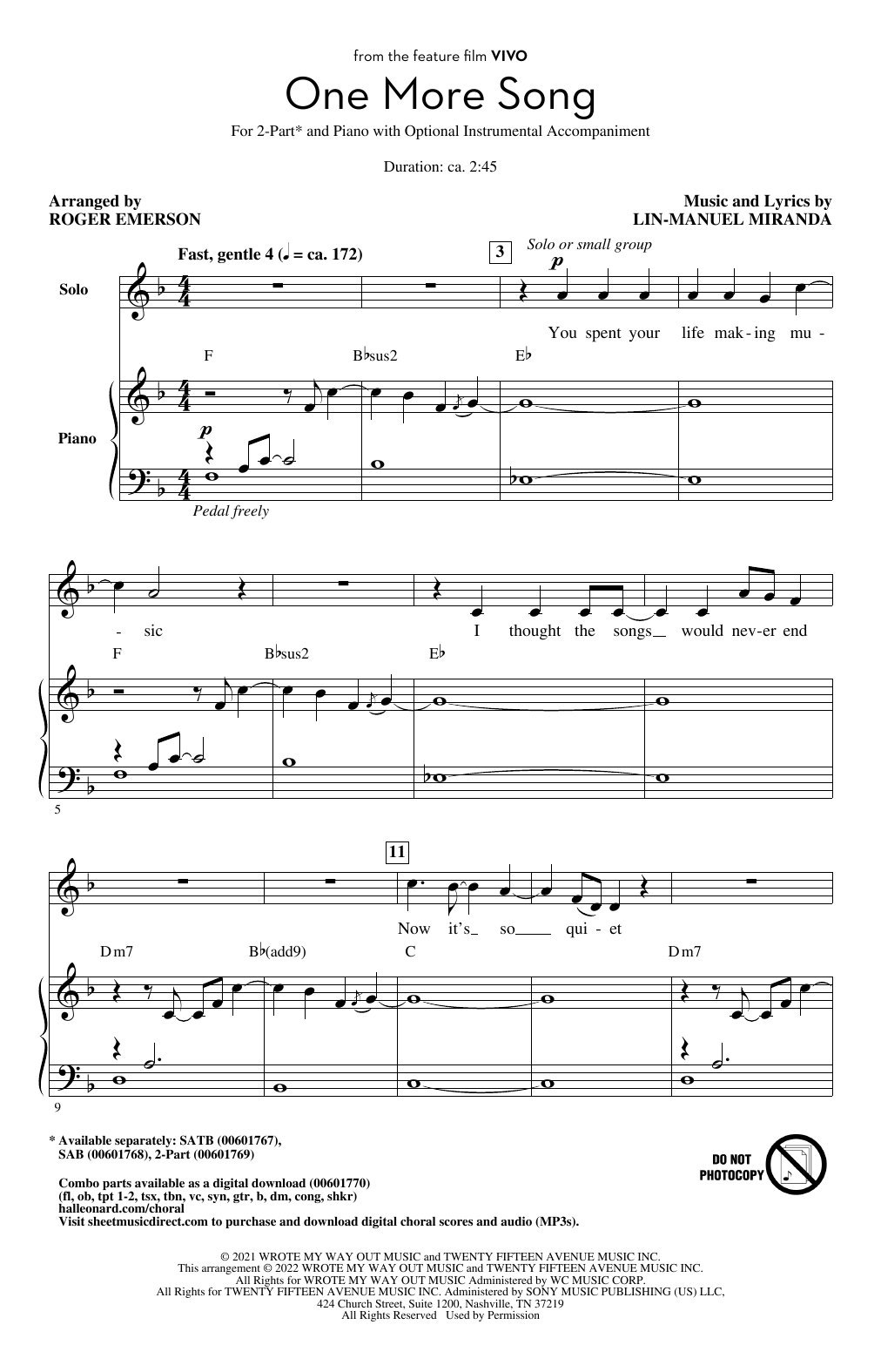 Lin-Manuel Miranda One More Song (from Vivo) (arr. Roger Emerson) Sheet Music Notes & Chords for SAB Choir - Download or Print PDF