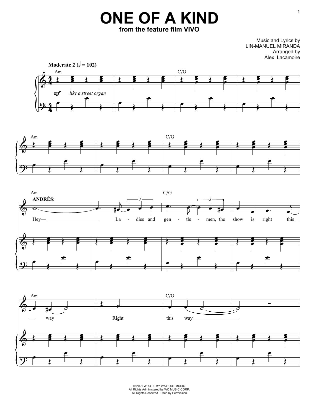Lin-Manuel Miranda One Of A Kind (from Vivo) Sheet Music Notes & Chords for Piano & Vocal - Download or Print PDF