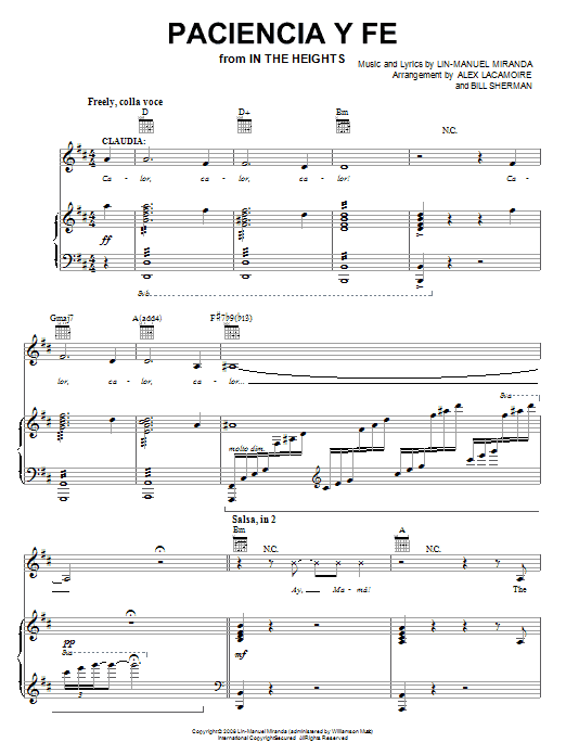 Lin-Manuel Miranda Paciencia Y Fe (from In The Heights: The Musical) Sheet Music Notes & Chords for Piano, Vocal & Guitar (Right-Hand Melody) - Download or Print PDF