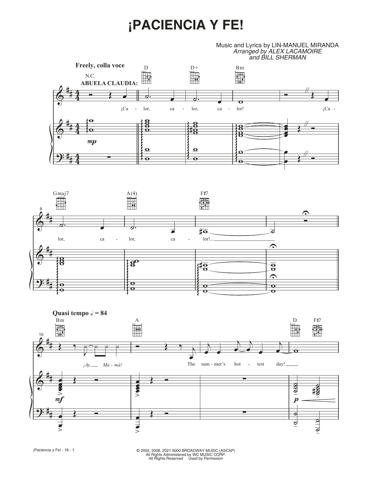 Lin-Manuel Miranda Paciencia Y Fe (from the Motion Picture In The Heights) Sheet Music Notes & Chords for Piano, Vocal & Guitar - Download or Print PDF