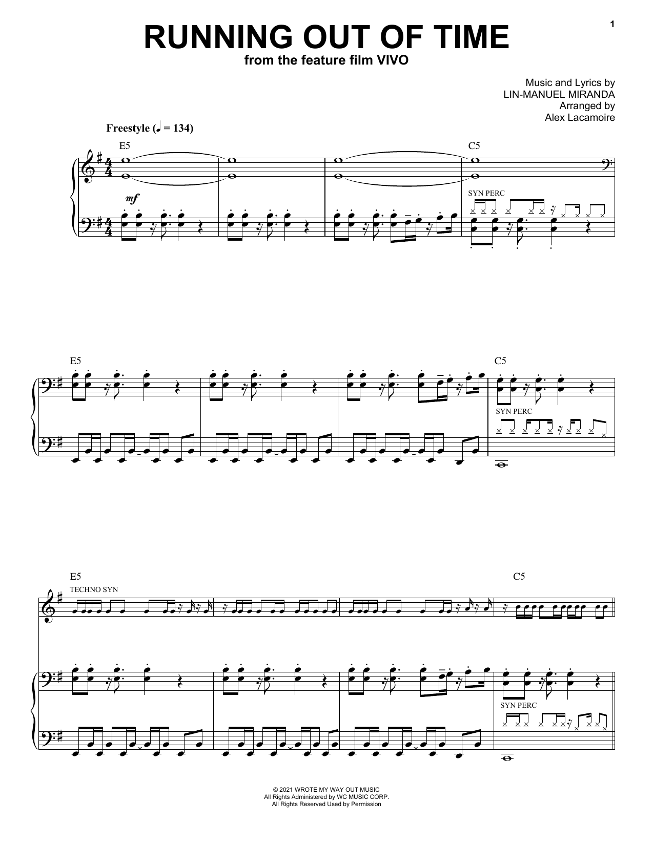 Lin-Manuel Miranda Running Out Of Time (from Vivo) Sheet Music Notes & Chords for Piano & Vocal - Download or Print PDF