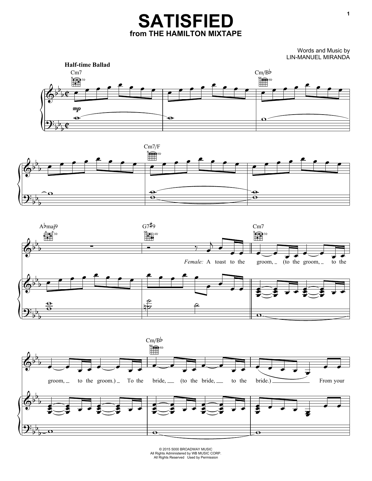 Lin-Manuel Miranda Satisfied Sheet Music Notes & Chords for Piano, Vocal & Guitar (Right-Hand Melody) - Download or Print PDF