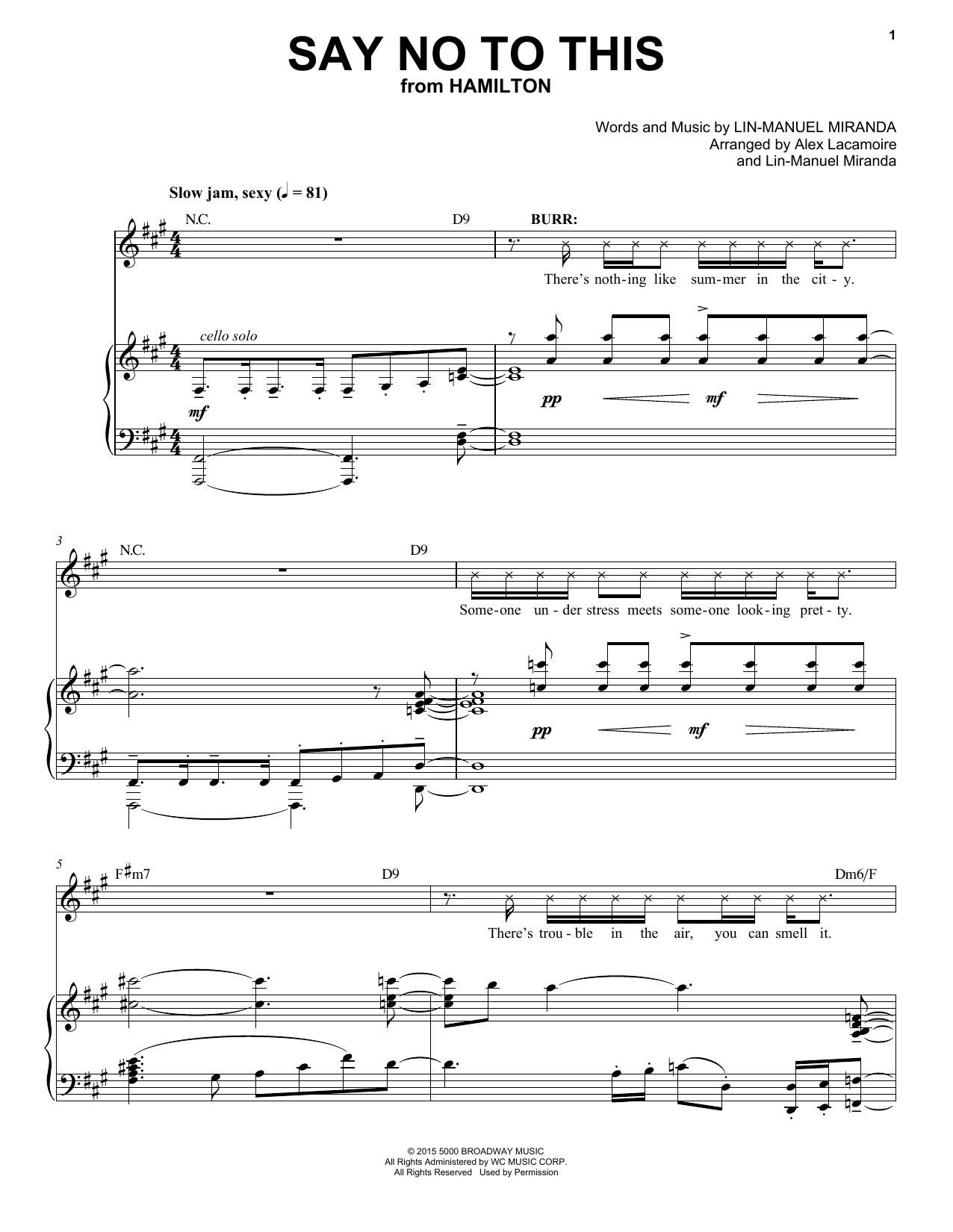 Lin-Manuel Miranda Say No To This (from Hamilton) Sheet Music Notes & Chords for Piano & Vocal - Download or Print PDF