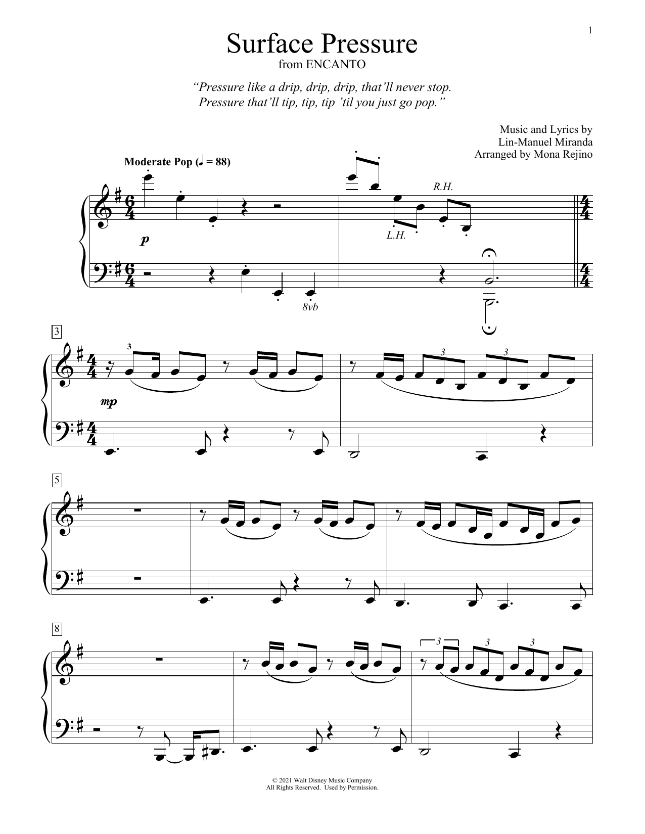 Lin-Manuel Miranda Surface Pressure (from Encanto) (arr. Mona Rejino) Sheet Music Notes & Chords for Educational Piano - Download or Print PDF