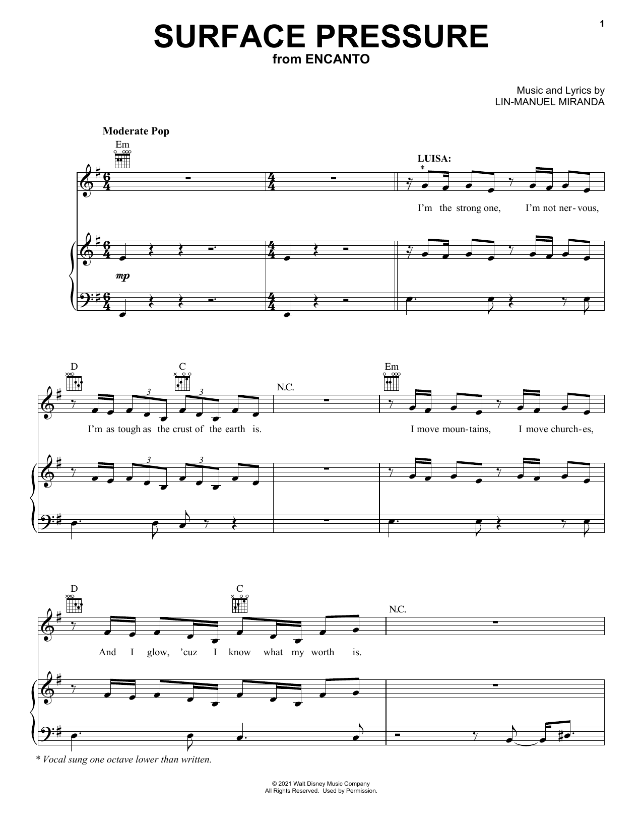 Lin-Manuel Miranda Surface Pressure (from Encanto) Sheet Music Notes & Chords for Big Note Piano - Download or Print PDF