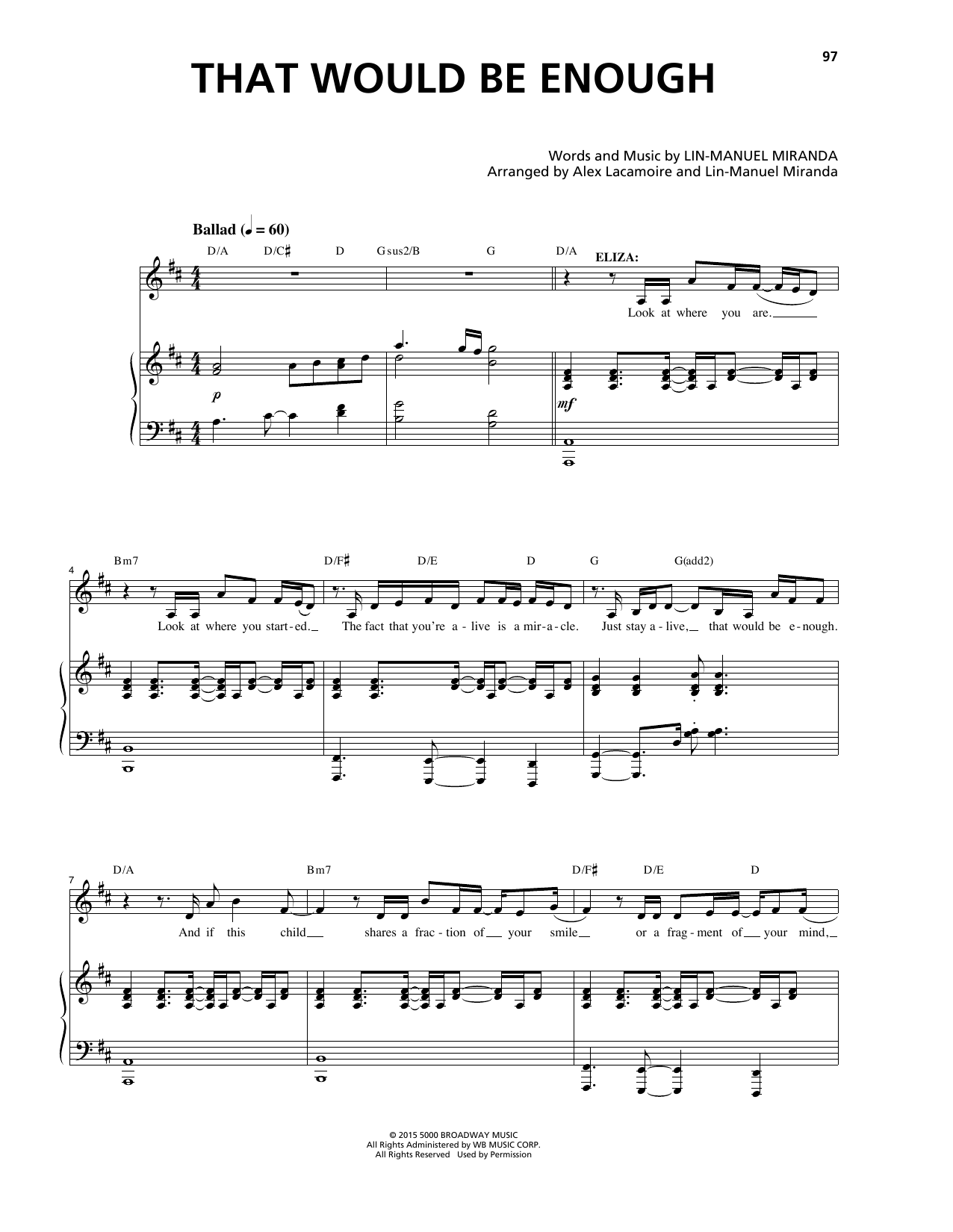 Lin-Manuel Miranda That Would Be Enough (from Hamilton) Sheet Music Notes & Chords for Lyrics & Chords - Download or Print PDF