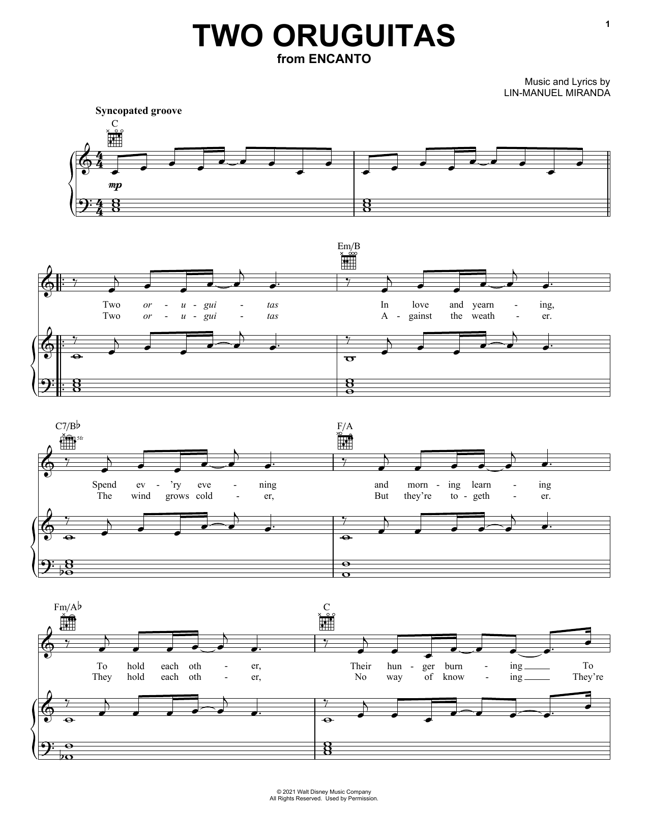 Lin-Manuel Miranda Two Oruguitas (from Encanto) Sheet Music Notes & Chords for Piano, Vocal & Guitar Chords (Right-Hand Melody) - Download or Print PDF
