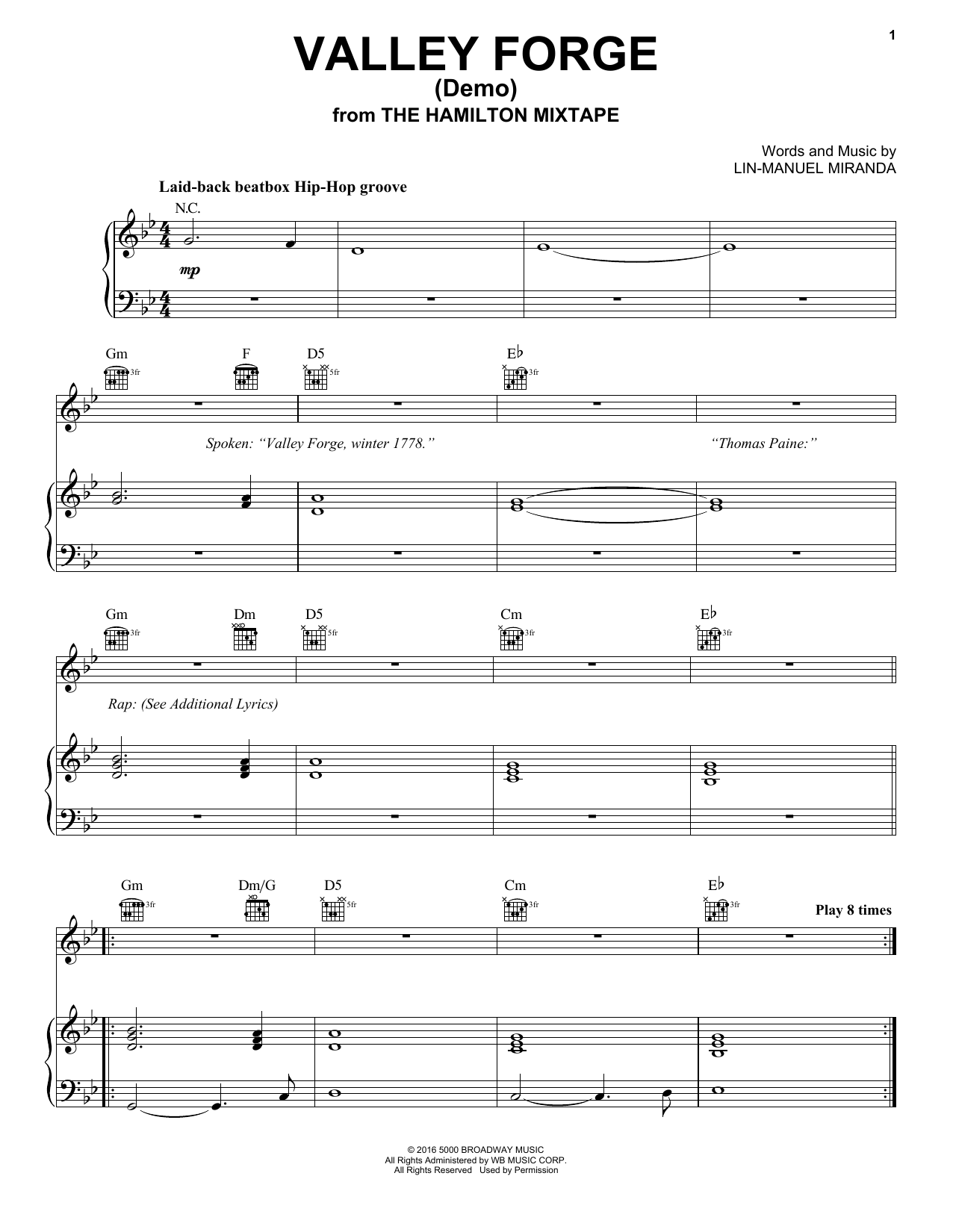 Lin-Manuel Miranda Valley Forge (Demo) Sheet Music Notes & Chords for Piano, Vocal & Guitar (Right-Hand Melody) - Download or Print PDF